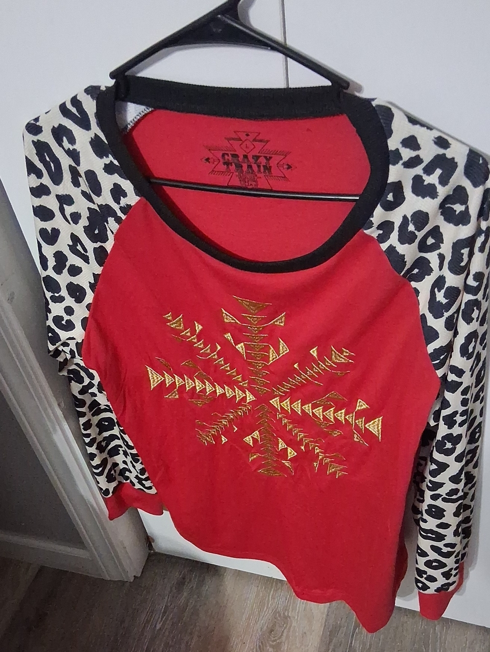Crazy Train Red Raglan Top with Leopard Sleeves and Gold Graphic